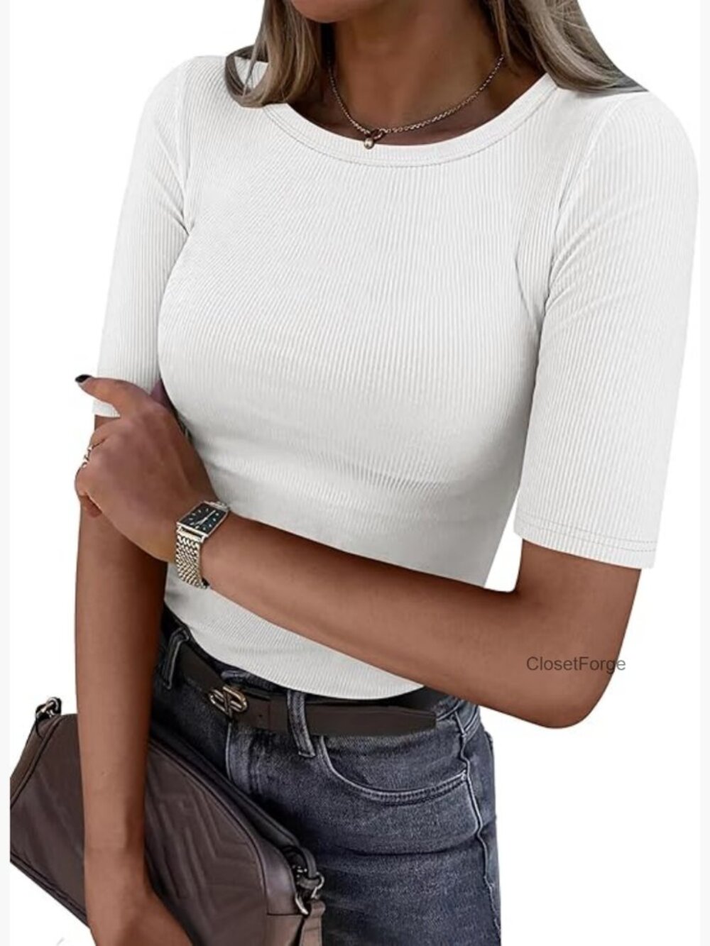 Half Sleeve Crewneck Ribbed Knit Slim Fit T-Shirt Basic Tee